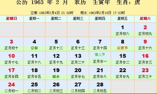 1963年农历阳历表对照