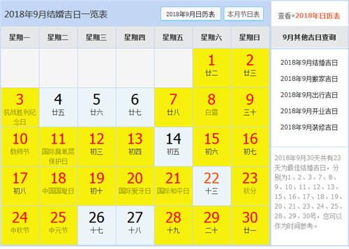 2018年10月结婚吉日一览表