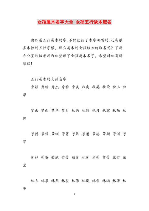 五行属木的字大全女孩名字