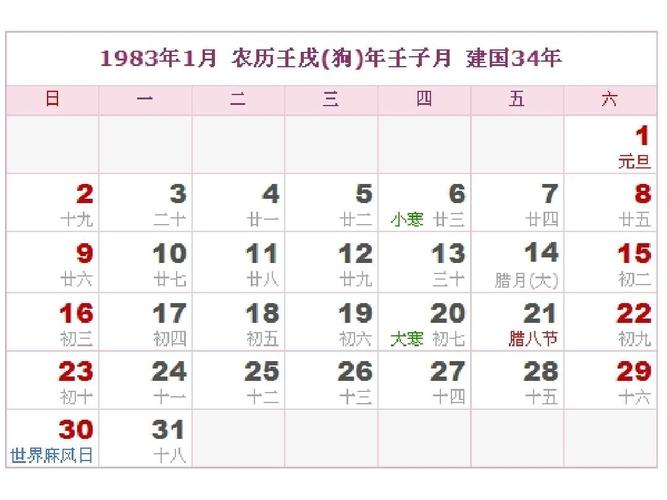 1983年农历阳历表对照