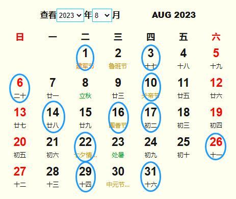 黄道吉日2023年8月份查询开业