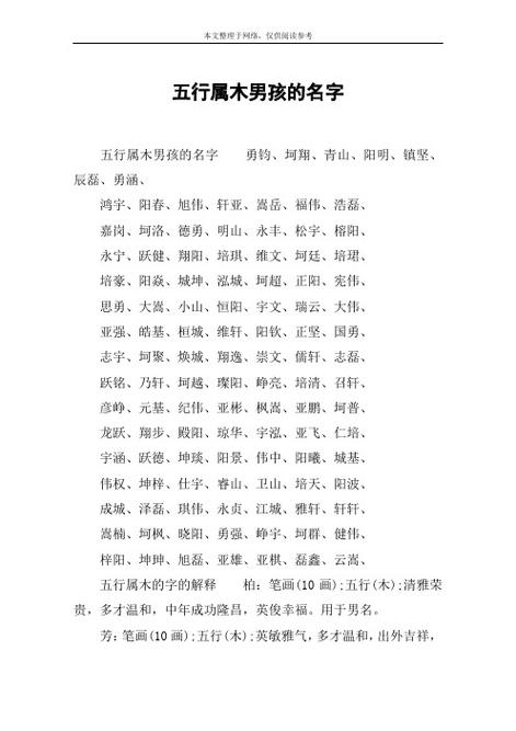 五行属木寓意好的字男孩