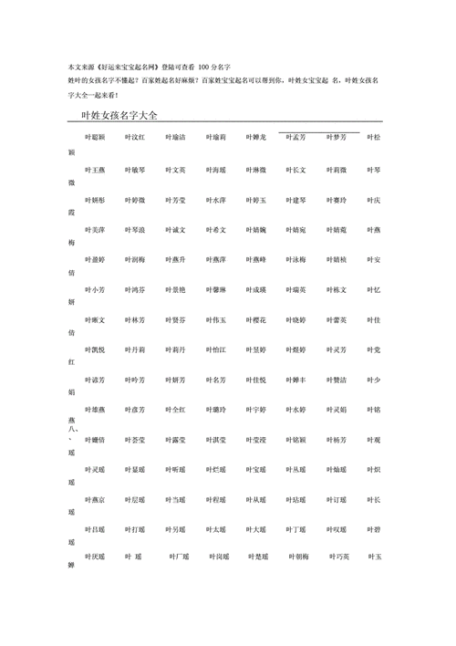 姓叶女孩寓意吉祥的名字大全