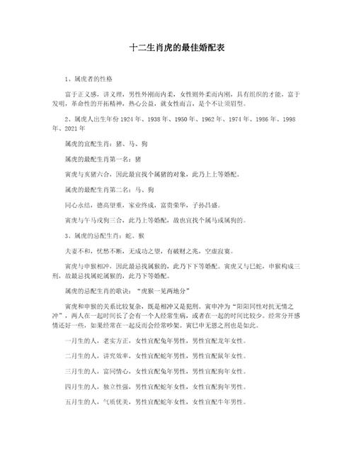 属虎的生肖婚配表