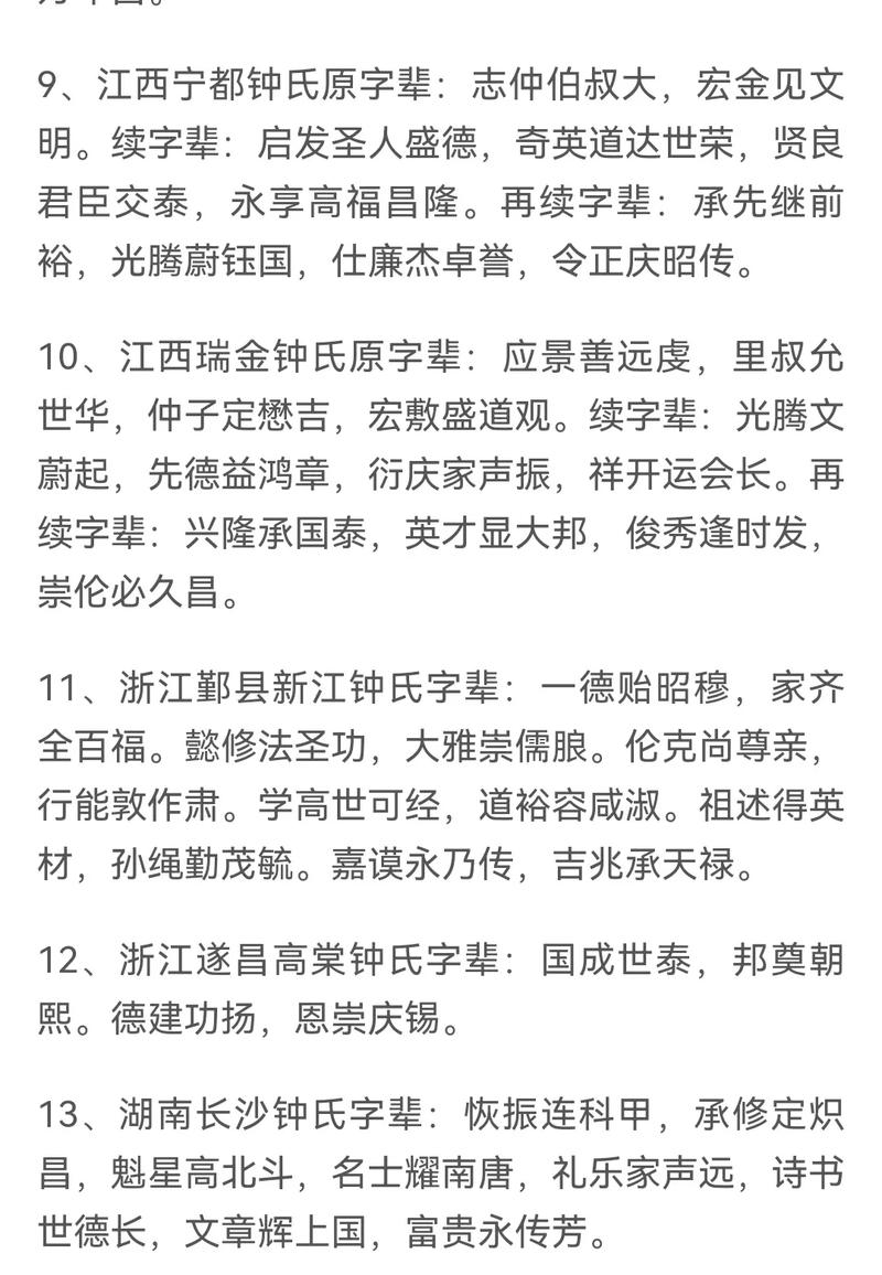 钟家家谱全部的字辈排序是什么