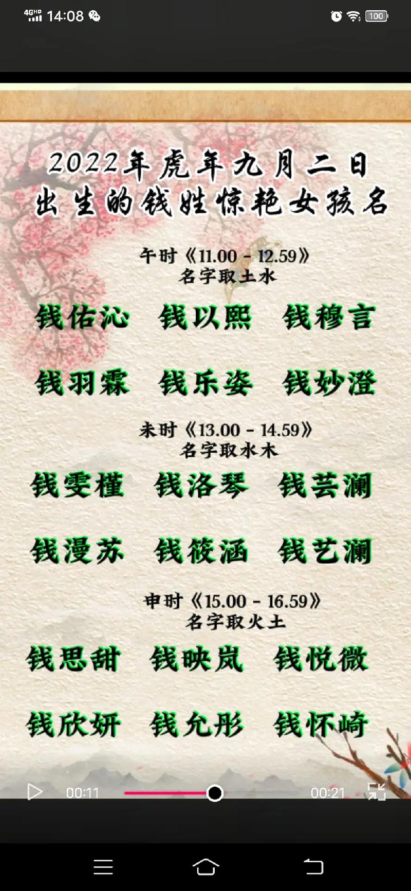 钱姓女孩名字2023年6月19日出生的